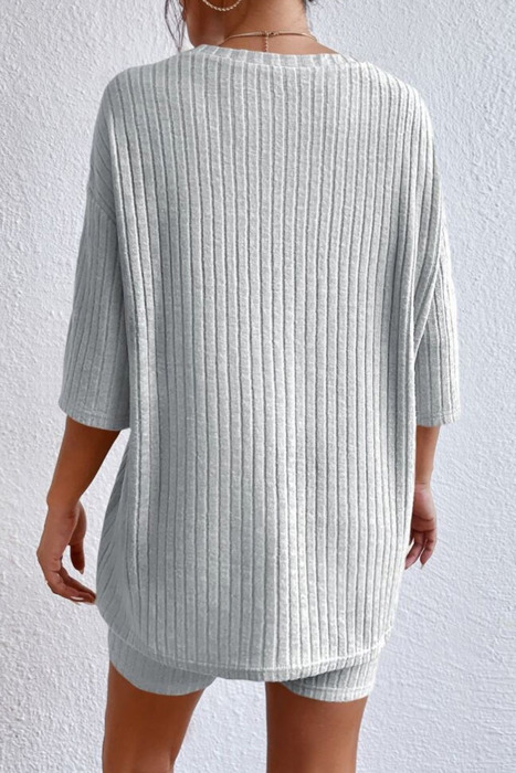 Ribbed Textured Half Sleeve Lounge Top & Bottom Set | S-XL