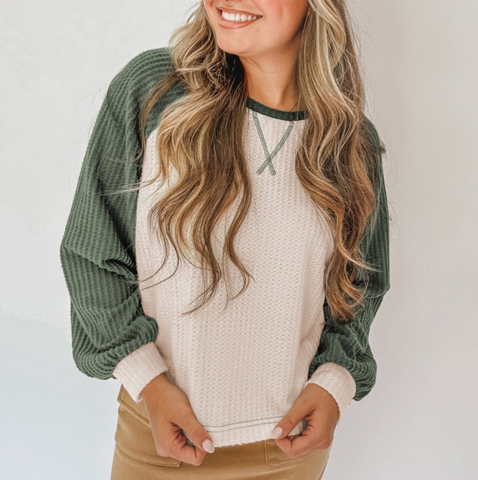Waffle Color Block Raglan Sleeve Top | S-XL