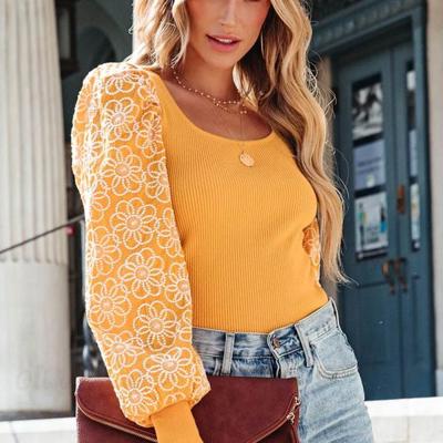 Flower Puff Sleeve Ribbed Knit Top | S-XL