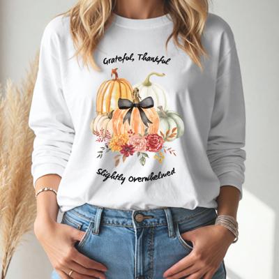 Grateful, Thankful, Slightly Overwhelmed Long Sleeve Tee cute pumpkin shirt pumpkin graphic fall gift idea pumpkin lover gift harvest tshirt fall shirt fall mom shirt pumpkin with bow top