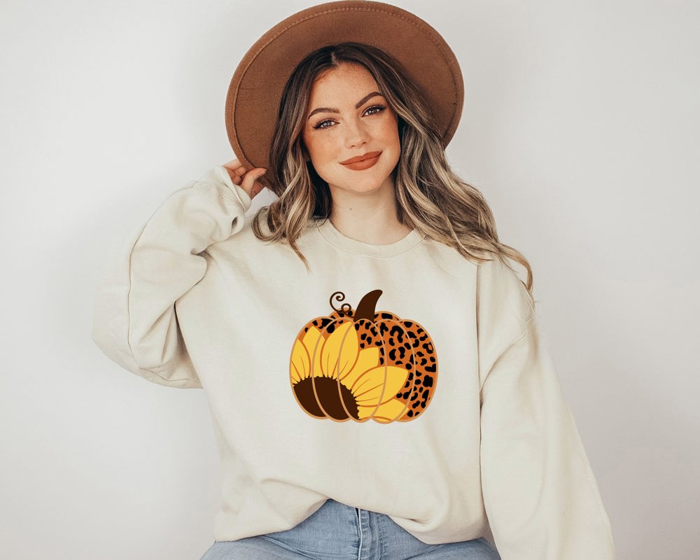 Sunflower Leopard Print Pumpkin Crew Sweatshirt