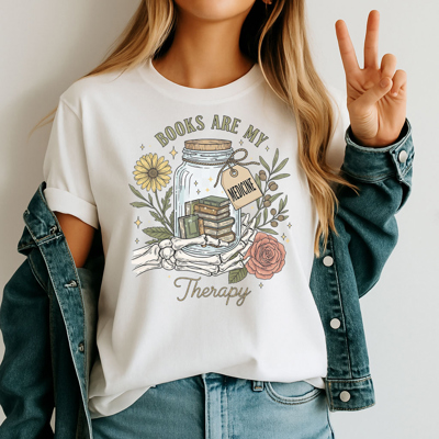 Books are My Therapy Graphic Tee Reading Lover Vintage Aesthetic Bookworm Shirt with Flowers Jar Design