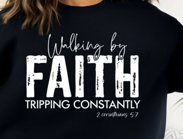 Walking by Faith Tripping Constantly Graphic Tee – Funny Christian Shirt for Women, Faith Over Fear Top, Inspirational Humor Gift