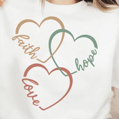 Faith Love Hope Hearts Christian Crewneck Sweatshirt – Inspirational Graphic Pullover, Faith-Based Gift for Women, Cozy Religious Top