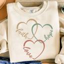  Faith Love Hope Hearts Christian Crewneck Sweatshirt – Inspirational Graphic Pullover, Faith-Based Gift for Women, Cozy Religious Top