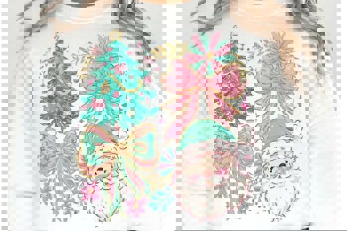 Floral Preppy Christmas Coquette Bow - Pastel Holiday Crew Neck Sweatshirt, Cute Pink and Teal Santa Top, Girly Festive Tree Shirt, Christmas Gift