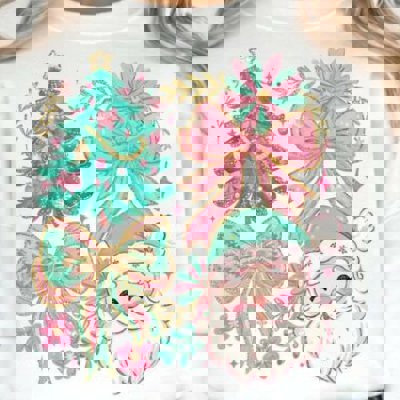 Floral Preppy Christmas Coquette Bow - Pastel Holiday Crew Neck Sweatshirt, Cute Pink and Teal Santa Top, Girly Festive Tree Shirt, Christmas Gift