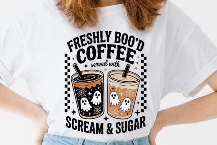 Freshly Boo’d Coffee Served with Scream & Sugar Halloween Graphic Tee – Spooky Ghost Latte Fall Shirt for Women