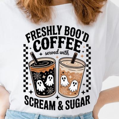 Freshly Boo’d Coffee Served with Scream & Sugar Halloween Graphic Tee – Spooky Ghost Latte Fall Shirt for Women