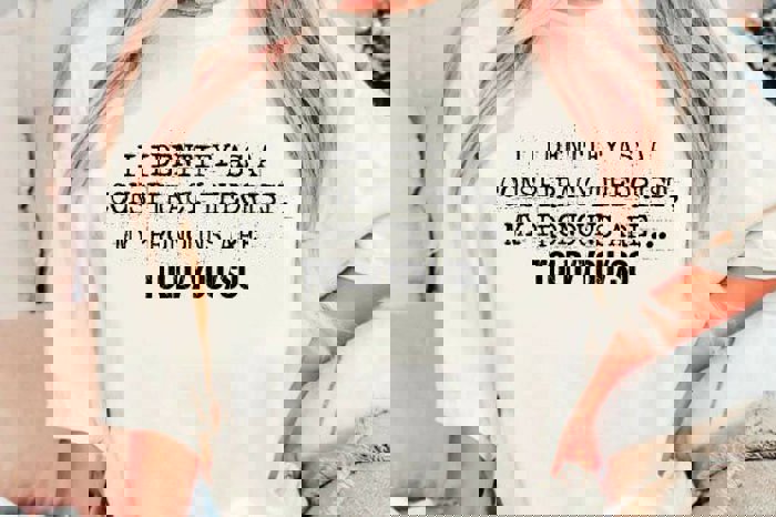 I Identify as a Conspiracy Theorist Graphic Tee – Funny Sarcastic Shirt for Men and Women, Humor Trendy Saying Top, Gift for Free Thinkers