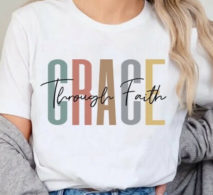 Grace Through Faith Graphic Tee Christian Inspirational Shirt, Modern Minimalist Bible Verse Top, Faith-Based Gift for Women, Pastel Church Outfit