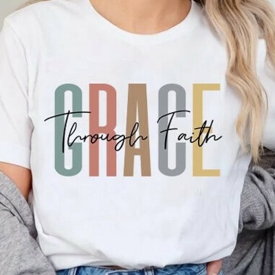 Grace Through Faith Graphic Tee Christian Inspirational Shirt, Modern Minimalist Bible Verse Top, Faith-Based Gift for Women, Pastel Church Outfit