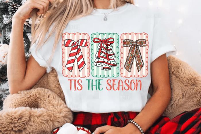 Tis the Season Coquette - Cute Christmas Bow Tee, Holiday Gift Shirt, Festive Gingerbread Cookie Top, Candy Cane Graphic, Girly Holiday Style