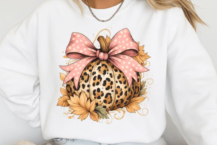 Leopard Pumpkin Fall Halloween - Pink Bow Crew Neck Sweatshirt, Trendy Autumn Animal Print Top, Cute Fall Outfit, Cozy Thanksgiving Shirt�