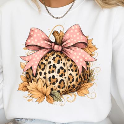 Leopard Pumpkin Fall Halloween - Pink Bow Crew Neck Sweatshirt, Trendy Autumn Animal Print Top, Cute Fall Outfit, Cozy Thanksgiving Shirt�