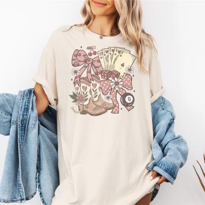 Preppy Cowgirl Coquette Graphic Tee – Western Bow Boots Playing Cards Aesthetic Shirt for Women