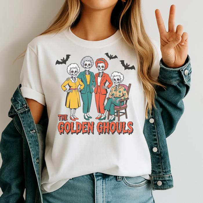The Golden Ghouls Graphic Tee – Funny Halloween Skeleton Squad Shirt, Retro Spooky Season Top for Women
