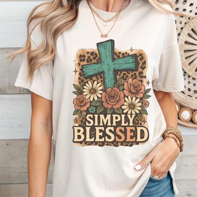 Simply Blessed Graphic Tee – Christian Faith Leopard Cross Floral Vintage Shirt for Women