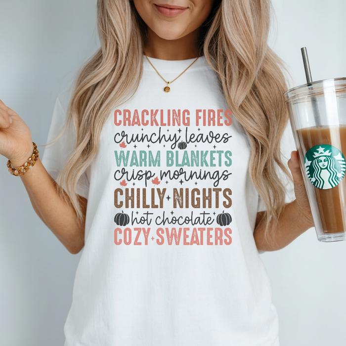 Fall Sayings Crackling Fires Graphic Tee – Cozy Autumn Quotes Shirt with Pumpkins, Leaves & Sweater Weather Vibes