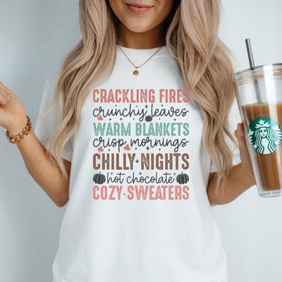 Fall Sayings Crackling Fires Graphic Tee – Cozy Autumn Quotes Shirt with Pumpkins, Leaves & Sweater Weather Vibes