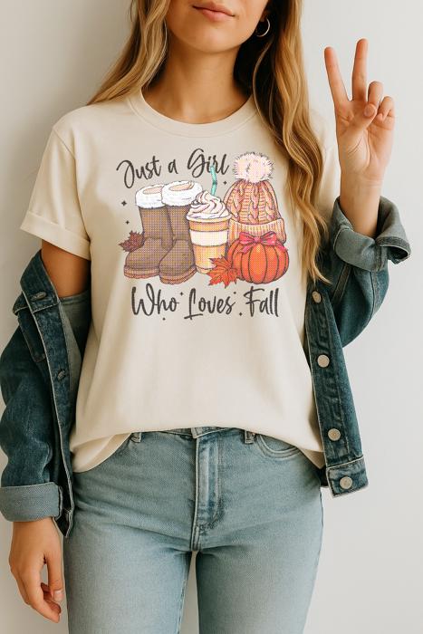 Just a Girl Who Loves Fall Graphic Tee – Autumn Pumpkin Spice Boots Cozy Season Shirt for Women