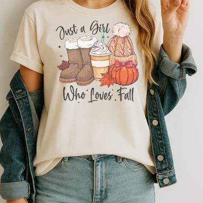 Just a Girl Who Loves Fall Graphic Tee – Autumn Pumpkin Spice Boots Cozy Season Shirt for Women