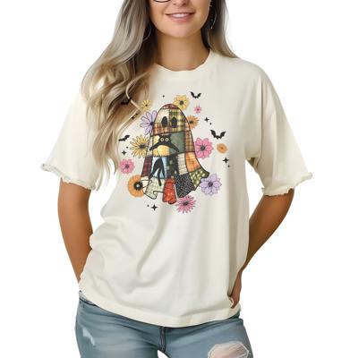 Halloween Patchwork Ghost Retro Floral Fall Graphic Tee Cute Spooky Vintage Aesthetic T-Shirt for Women