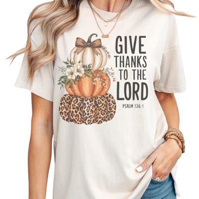 Give Thanks to the Lord Christian Fall Pumpkin Graphic Tee Faith Scripture T-Shirt with Leopard Pumpkin Psalm 136:1