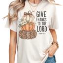 Give Thanks to the Lord Christian Fall Pumpkin Graphic Tee Faith Scripture T-Shirt with Leopard Pumpkin Psalm 136:1