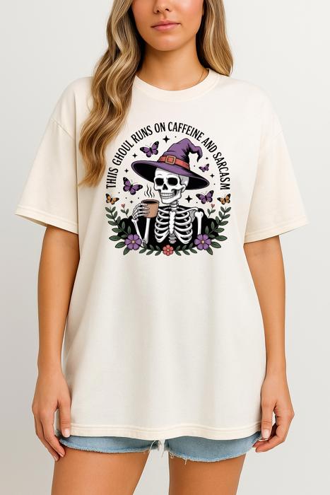 This Ghoul Runs on Caffeine and Sarcasm- Funny Halloween Skeleton Witch Graphic Tee Spooky Caffeine Lover T-Shirt for Women