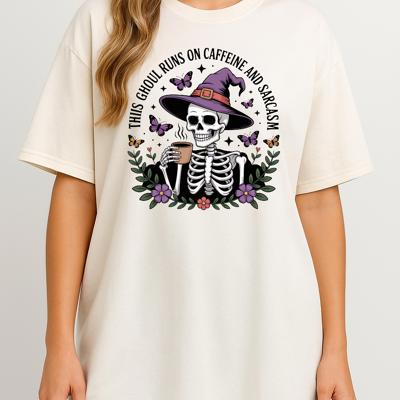 This Ghoul Runs on Caffeine and Sarcasm- Funny Halloween Skeleton Witch Graphic Tee Spooky Caffeine Lover T-Shirt for Women