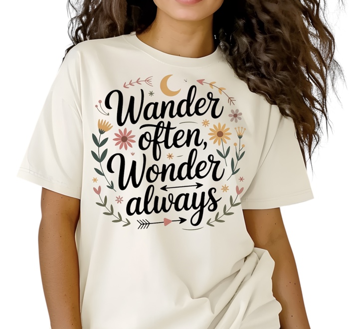 Wander often, Wonder Always- Boho Adventure Graphic Tee Inspirational Travel Shirt with Floral Design, Positive Quote Top for Women
