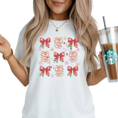 Teacher Merry Christmas Coquette Preppy Graphic Tee – Cute Holiday Shirt with Red Bows and Gingerbread Bells, Festive Classroom Top, Trendy Gift for Teachers