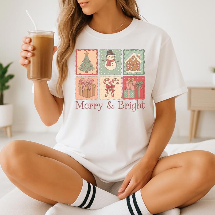 Floral Preppy Christmas Bow Tree Stamps Graphic Tee – Merry & Bright Holiday Shirt, Vintage Pastel Christmas Top, Cute Gift for Women