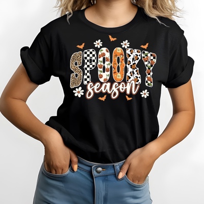 Retro Spooky Season Graphic Tee – Halloween Fall Shirt with Leopard and Checkered Print, Vintage Pumpkin Bat Design, Cute Festive Autumn Top