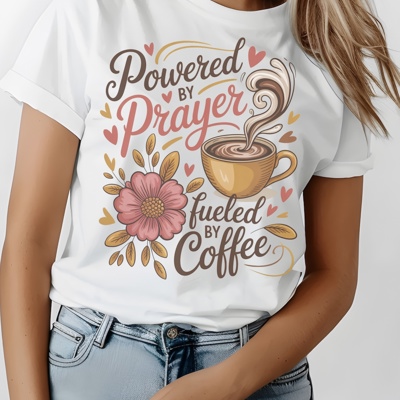 Powered by Prayer Fueled by Coffee Graphic Tee Faith and Coffee Lover Shirt, Inspirational Christian Top, Cute Floral Spiritual Gift for Women