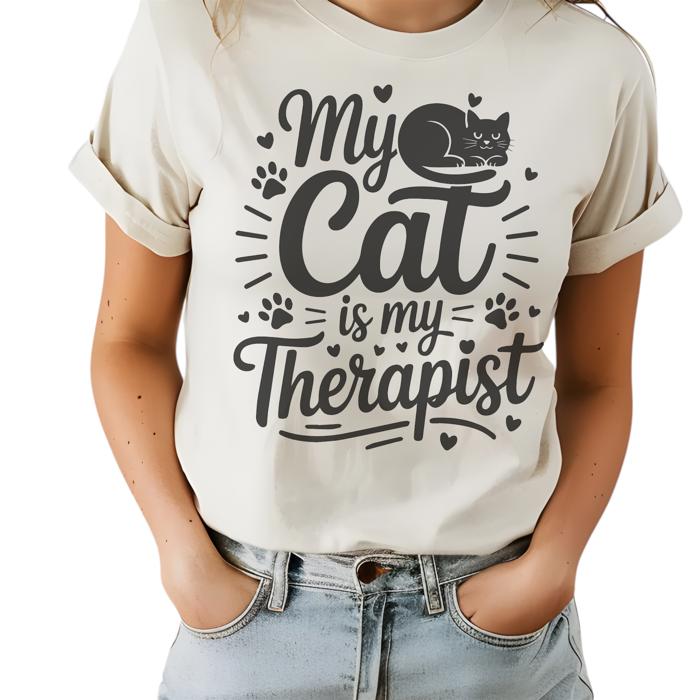 My Cat is My Therapist Graphic Tee Funny Cat Lover Shirt, Cute Pet Owner Gift, Cozy Vintage Cat Mom Top, Animal Lover Comfort Tee
