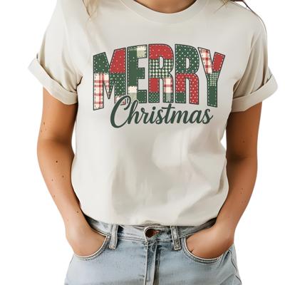 Merry Christmas Patchwork Graphic Tee – Vintage Holiday Shirt with Plaid Letters, Festive Red and Green Christmas Top, Cozy Winter Gift