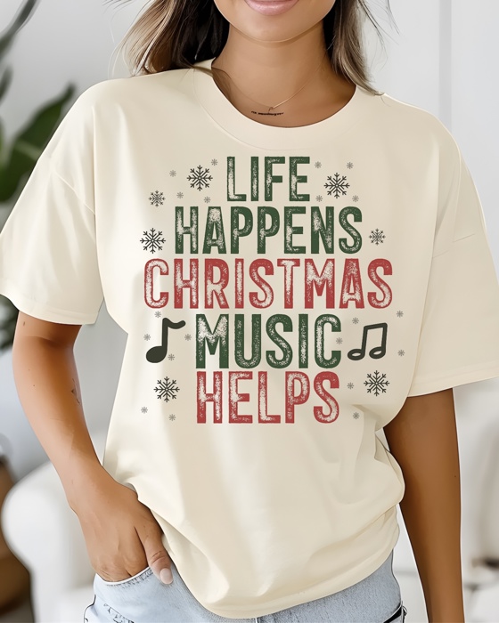 Life Happens, Christmas Music Helps Graphic Tee – Festive Holiday Shirt, Vintage Red and Green Lettering, Funny Christmas Gift for Music Lovers