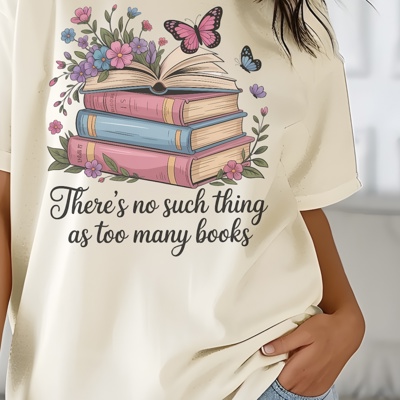 Too Many Books Floral Graphic Tee Vintage Reading Shirt for Book Lovers, Aesthetic Butterfly & Flowers Design, Cozy Gift for Readers