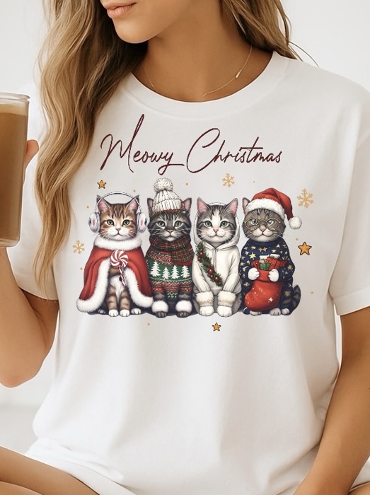 Meowy Christmas Cats - Funny Holiday Cat Lover Tee, Cute Festive Kitten Shirt, Cozy Winter Graphic Top, Adorable Christmas Gift for Women