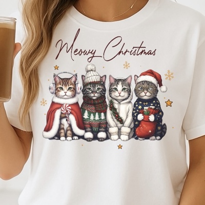 Meowy Christmas Cats - Funny Holiday Cat Lover Tee, Cute Festive Kitten Shirt, Cozy Winter Graphic Top, Adorable Christmas Gift for Women