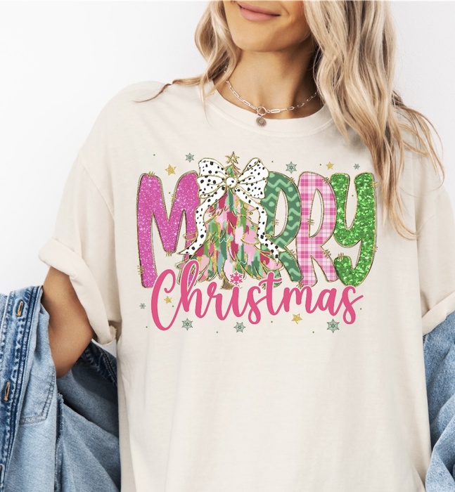 Pink Merry Christmas with Tree - Cute Coquette Holiday Shirt, Leopard Bow Christmas Tree Tee, Festive Pink Green Plaid Top, Girly Holiday Gift