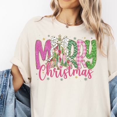 Pink Merry Christmas with Tree - Cute Coquette Holiday Shirt, Leopard Bow Christmas Tree Tee, Festive Pink Green Plaid Top, Girly Holiday Gift