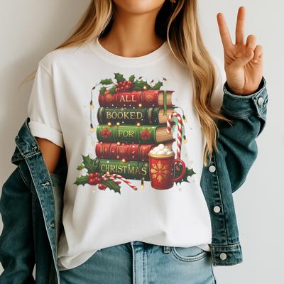 All Booked for Christmas – Cozy Book Lover Holiday Graphic Tee, Reading Gift Shirt, Festive Mug & Candy Cane Book Stack Top