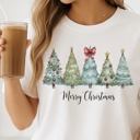  Watercolor Merry Christmas Tree – Festive Holiday Graphic Tee, Pastel Christmas Shirt, Cute Winter Gift Top for Women