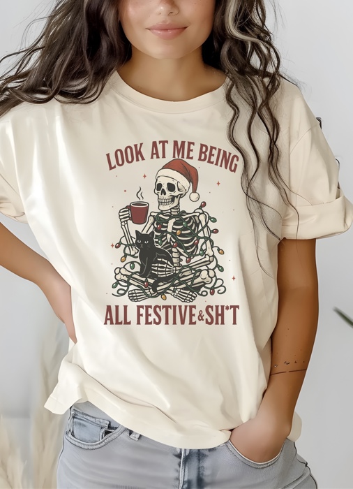 Funny Christmas Snarky Skeleton – Holiday Graphic Tee, Festive Skeleton Lights Shirt, Humor Coffee Lover Christmas Top