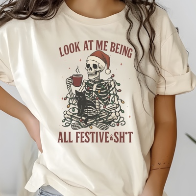Funny Christmas Snarky Skeleton – Holiday Graphic Tee, Festive Skeleton Lights Shirt, Humor Coffee Lover Christmas Top