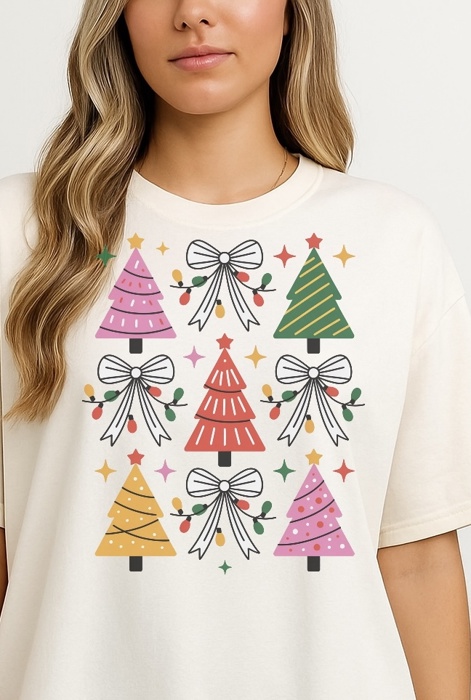 Christmas Lights Coquette Bow Trees Graphic Tee – Retro Pastel Holiday Shirt, Cute Festive Aesthetic Top for Women, Merry Christmas Outfit Idea