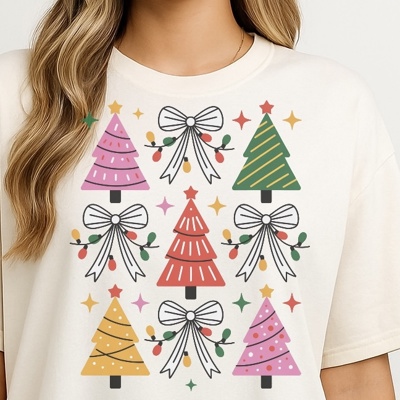 Christmas Lights Coquette Bow Trees Graphic Tee – Retro Pastel Holiday Shirt, Cute Festive Aesthetic Top for Women, Merry Christmas Outfit Idea